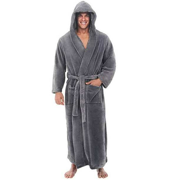Mens Winter Plush Lengthened Shawl Bathrobe Home Clothes Long Sleeved Robe Coat Robe